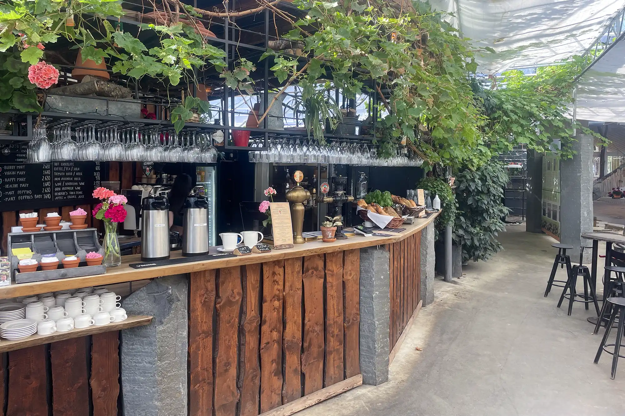 Friðheimar's café counter inside the greenhouse, with wine glasses, fresh flowers, menu board, and vines growing overhead, showing the integration of hospitality within the production space.