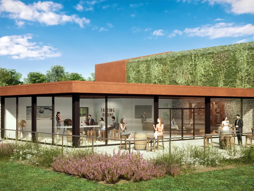 CGI drawing for winery hospitality centre on a diversified vineyard